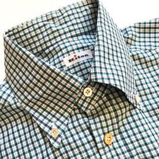 KITON Button Down Sport Shirt Mens 41 16 Green White Blue Check Cotton 795