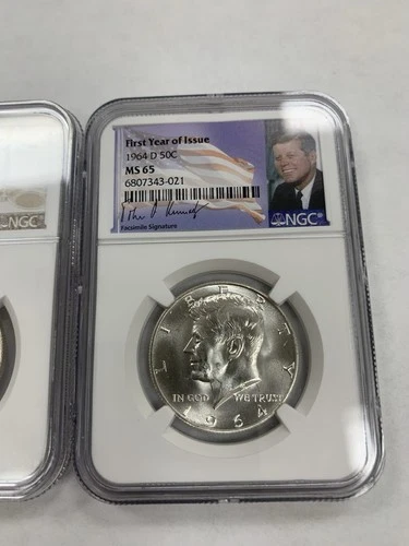 1964 D NGC MS65 Silver Kennedy First Year of Issue JFK Coin Signature Label 50C