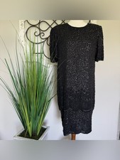 LAWRENCE KAZAR Size Large Vintage Black Sequin Beaded Evening Midi Dress