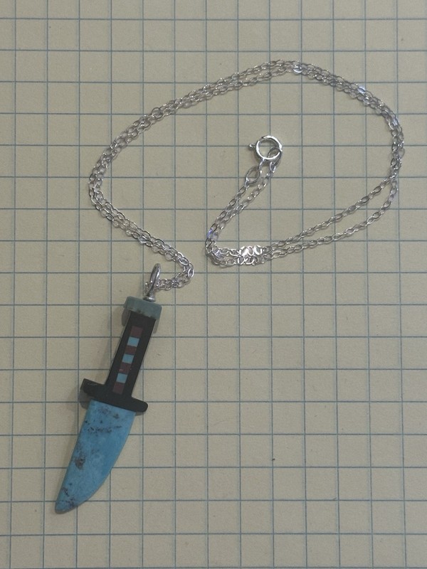 Santo Domingo Pueblo Mosaic Knife With Turquoise, Jet, and Pipestone.