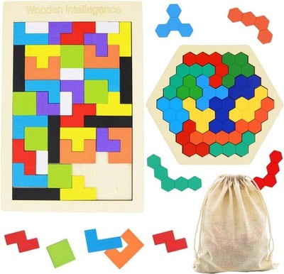 2 Pack Wooden Block & Hexagon Puzzle, Brain Teaser STEM Toy   Fast Shipping