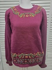 Vtg Charter Club Jane Justin SZ L 100 Cotton Sweater Purple Maroon Embroidered