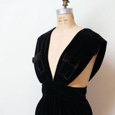 Vintage 1940s Black Velvet Pinafore Dress with Fur Trimmed Pockets