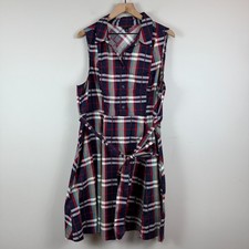 Torrid Shirt Dress Women's 3XBlue Red Plaid Poplin Collared Tie-Waist Sleeveless