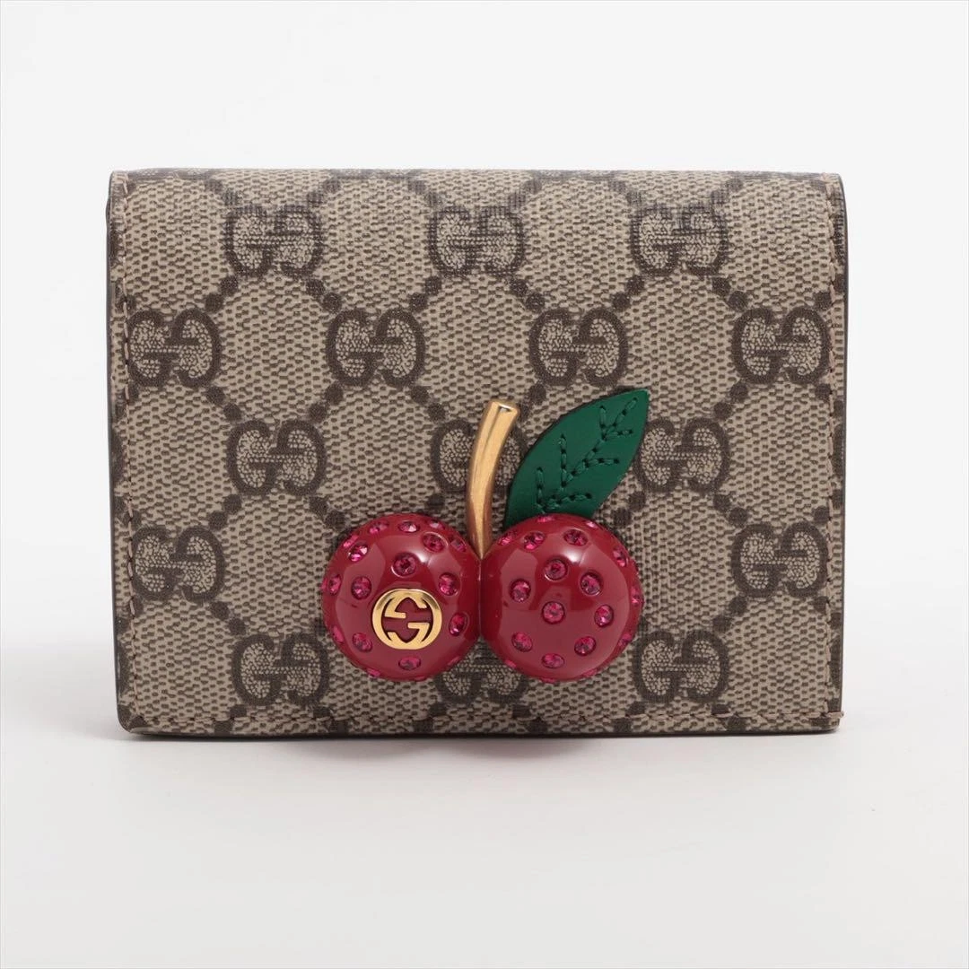 Portefeuille compact Gucci GG Supreme Cherry beige rouge