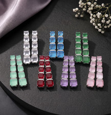 Statement Long Crystal Rhinestone Drop Earrings Geometric Square 7 Colors Women