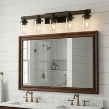35" Bathroom Vanity Light 5-Light Wood Wall Fixture Glass Shade LED for Mirror