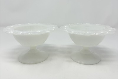 Pair of Open Lace Milk Glass Small Compotes