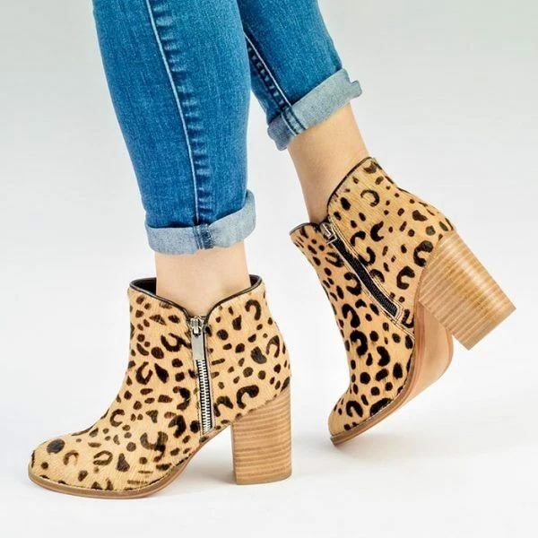 Mujer Cuero Genuino Botines Tacón en Bloque Chelsea Animal Estampado Zip Botín - Imagen 2 de 4