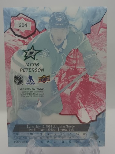 2021-22 UD Ice Premieres Red Rookie RC 204 Jacob Peterson/399 Dallas Stars - Imagen 2 de 2