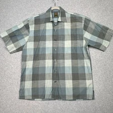 Scott Barber Shirt Mens M Blue Gray Plaid Fine Poplin Short Sleeve Camp Button