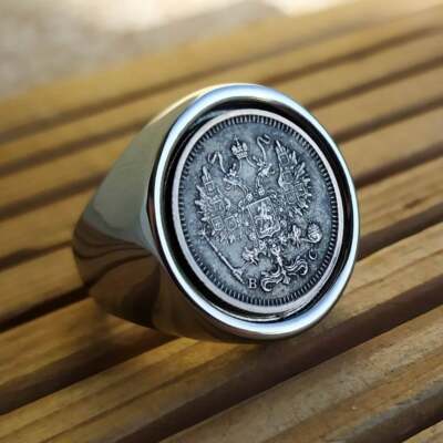 Bague Chevalière Véritable Pièce en Argent Armoiries de la Russie