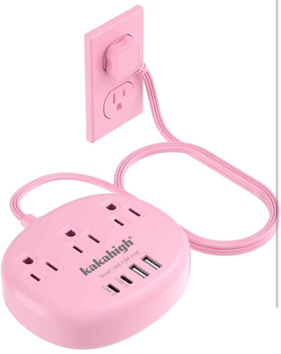 Pink Extension Cord with Surge Protected 5FT 3 AC Outlet 4 USB 2 USB-C Girls-image