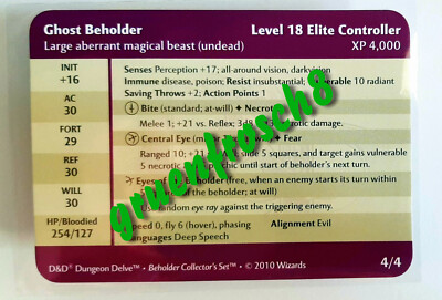  GHOST BEHOLDER  4/4 BEHOLDER COLLECTOR'S SET 2010  DUNGEON DELVE D&D STATS CARD
