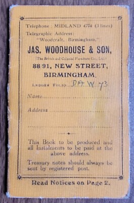 1930s Jas. Woodhouse & Son, New Street, Birmingham Hire Purchase Payment Book