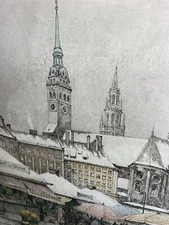 Vintage Original Etching by Robert Kasimir “München, Markt” Framed German Art