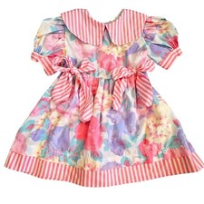 Vintage 90s Girls 2T Party Dress Bows Pink Watercolor Pastel Collared Stripes