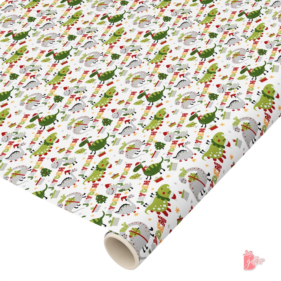 Rollo de papel de regalo de fiesta de dinosaurios de Navidad personalizado con nombre personalizado Foto 3 de 4