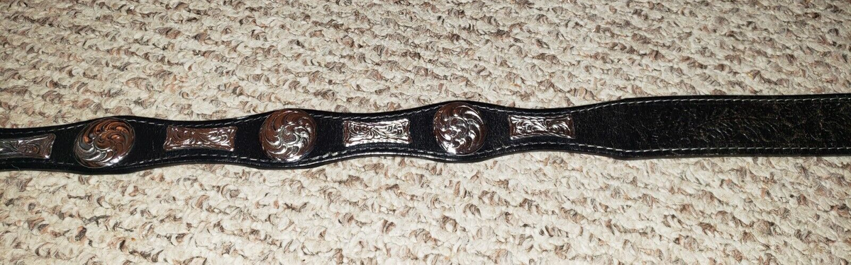 WOMENS WESTERN BLACK LEATHER TOOLED BELT 36 CONCHOS | eBay