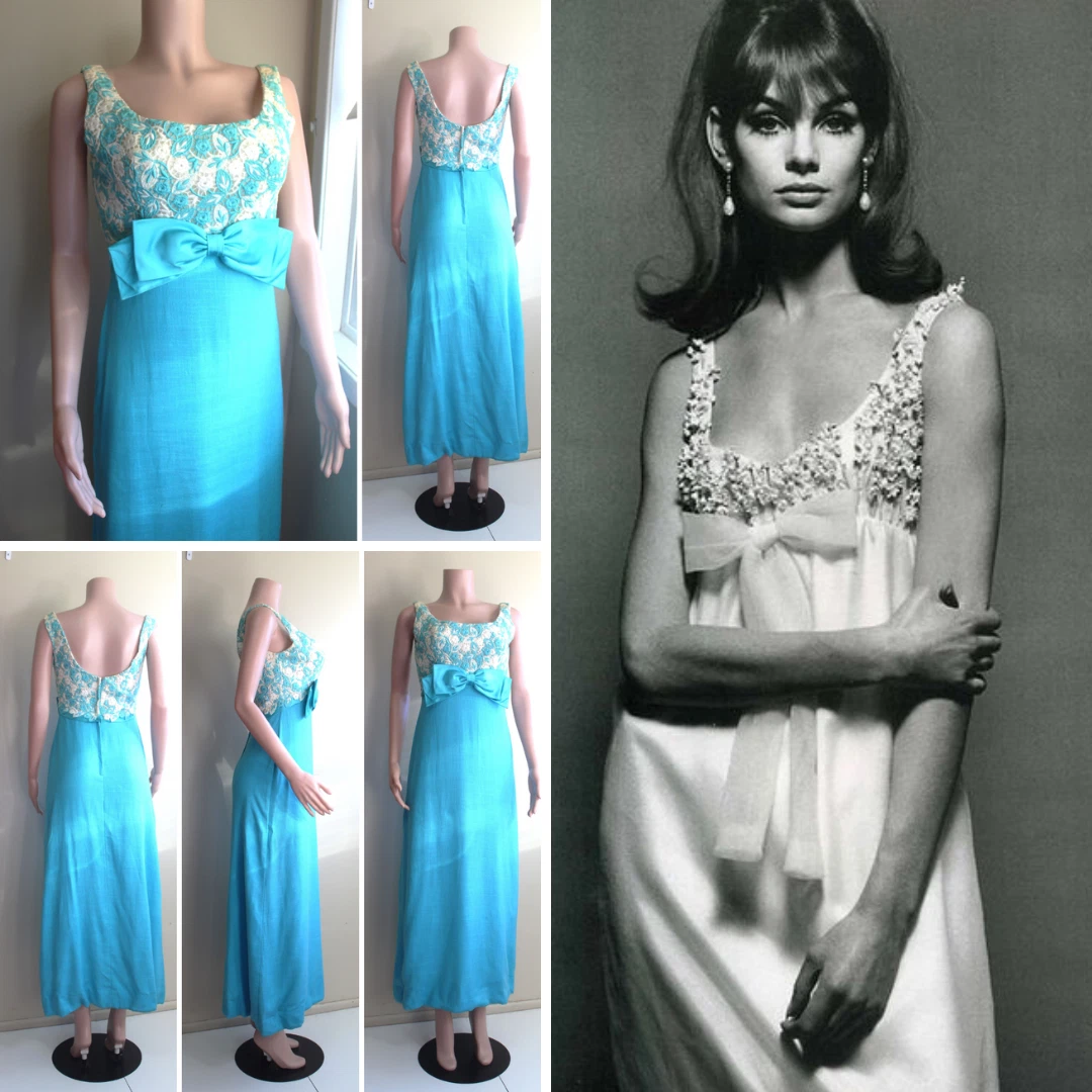 Robe de bal maxi corsage dentelle bleu blanc vintage années 60 fermeture éclair dos suprêmes fait main