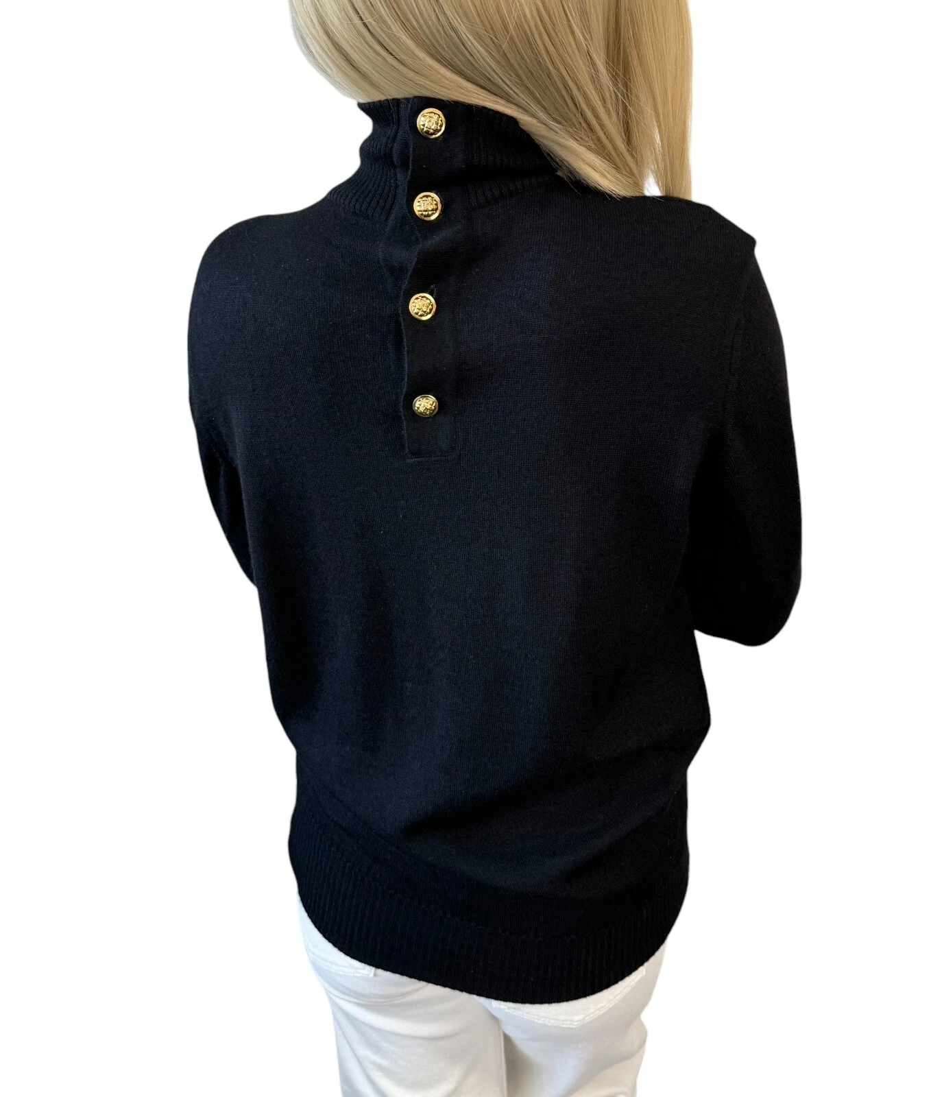 Maglione girocollo CHANEL vintage logo CC nero oro bottoni lana rankAB+