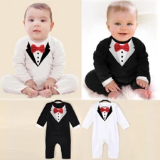 Baby Boy Romper Newborn Gentleman Tuxedo Wedding Outfit Infant Bowtie Party Suit