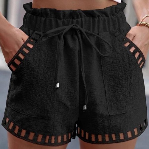 Pantalones Cortos Para Mujer Algodón Lino Color Sólido Delgados Diseño Hueco Borde Bolsillo - Imagen 2 de 30