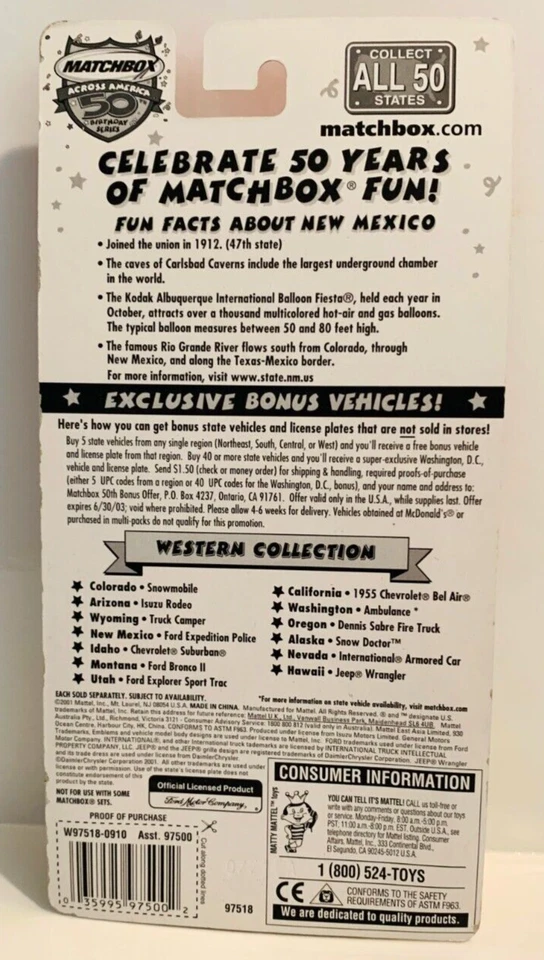 2001 Matchbox Across America 50th Birthday New Mexico Police Ford Expedition NEW - Image 3 of 3
