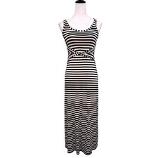 Matty M Womens Navy Cream Striped Sleeveless Maxi Dress Size S Criss Cross Waist