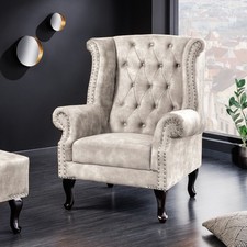 Ohrensessel CHESTERFIELD - 105cm - champagner beige silber - Samt - Ziernieten