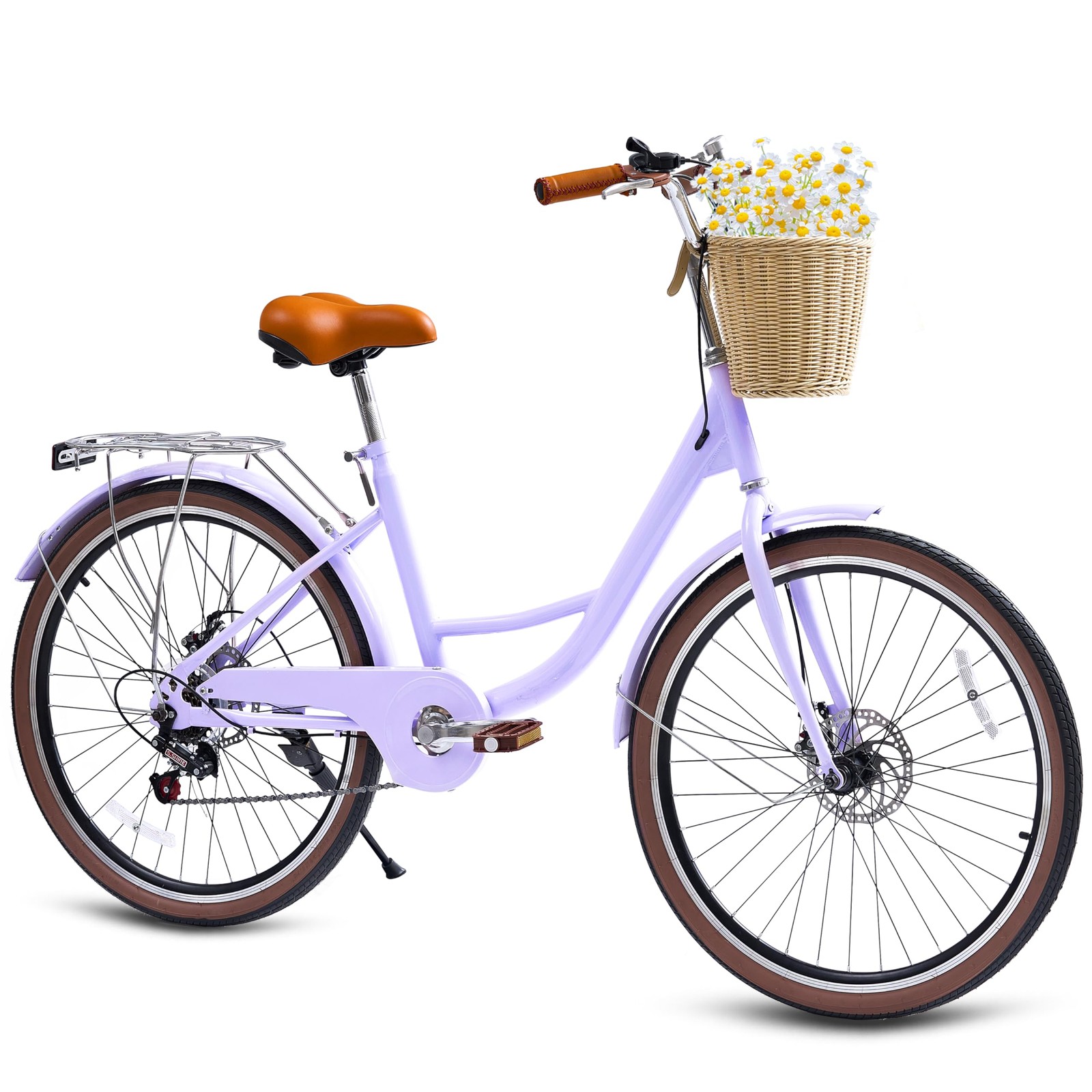 24 Inch 7 Speed Kids Cruiser Bike with Basket Adjustable Seat Lightweight Purple