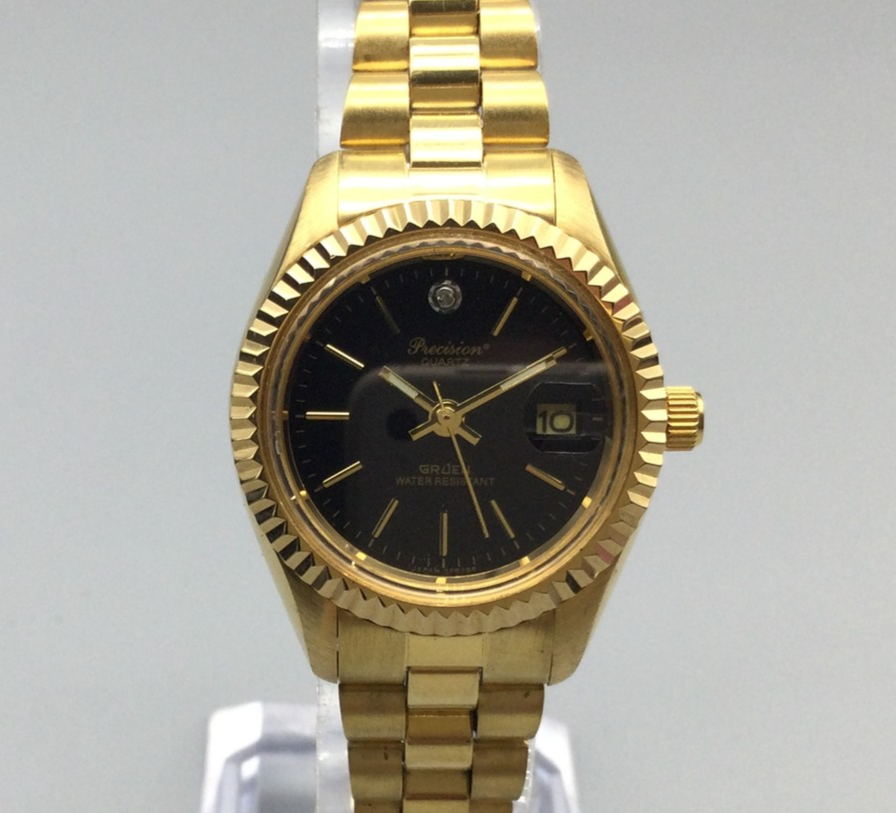GRUEN ゴールド クォーツ時計 Gruen Precision Watch Womens 26mm Black Dial Gold Tone New Battery