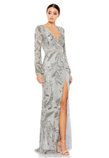 NWT Mac Duggal Platinum Silver Sequined Faux Wrap Split Long Sleeve 5222 Size 10