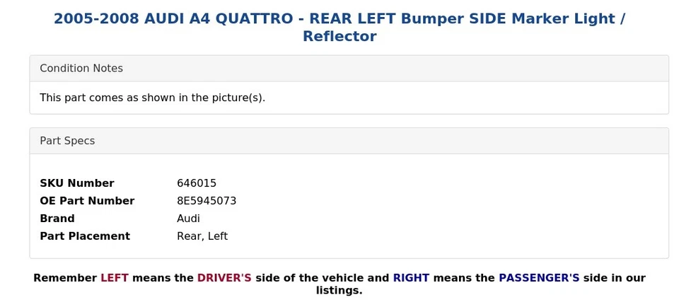 2005-2008 AUDI A4 QUATTRO - REAR LEFT Bumper SIDE Marker Light / Reflector - Image 4 of 4