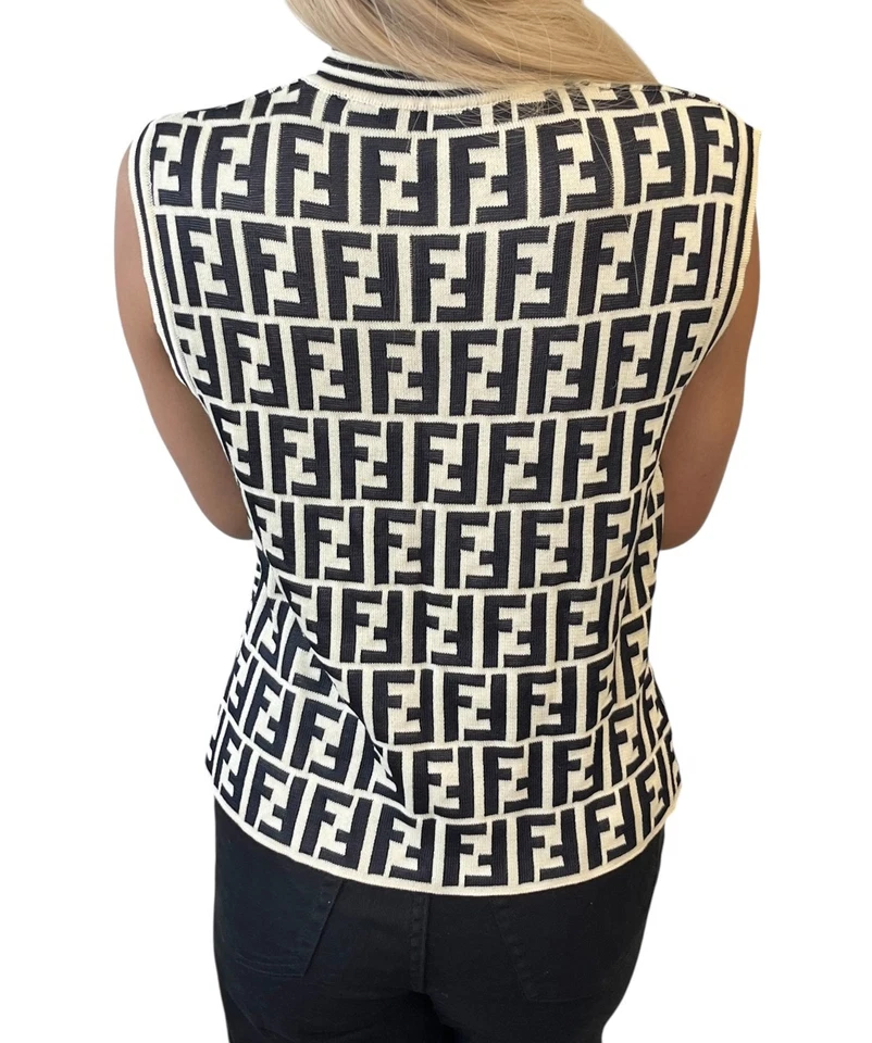 FENDI Vintage Zucca Monograma Tejido Chaleco Cárdigan Suéter #38 Crema Negro Algodón Foto 4 de 4