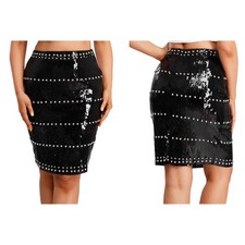 Women Streetwear Knee-length Miniskirt Side Skirt Pencil Bodycon Rivets Elastic