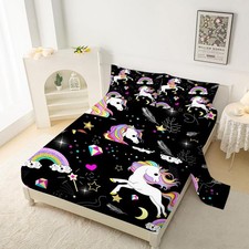Black Unicorn Sheets Set Full Girls Boys Cartoon Rainbow Bedding Set Cute Rai...