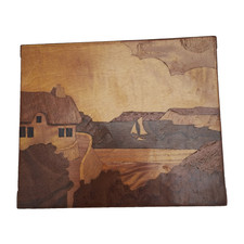 Vintage Marquetry Inlaid Wood Small Picture 'The Bay' 1967 Plaque 4.5'' x 5.5"