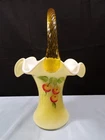 Fenton Hand Painted Yellow Overlay Cased Glass Basket - Cherries Design