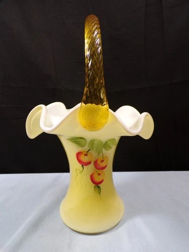 Fenton Hand Painted Yellow Overlay Cased Glass Basket - Cherries Design