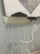 VINTAGE Black and Ivory Women's 1950's Breton Straw Hat with Black Bow - Unbrand