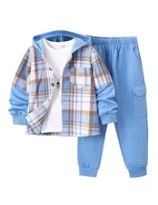 Boys 4-12Yrs 2Pc Flannel Plaid Shirt, Pants Set, Hoodie Sweater for Fall-Winter
