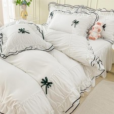 Kid's Duvet Cover Twin Size, Ruffle Beddding Set with Bowtie, 2 Twin, White