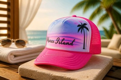 New Neon Pink Marco Island Florida Airbrushed Style Mesh Trucker Hat