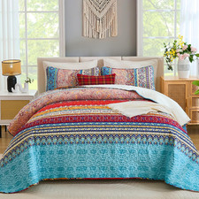 Boho Quilt King Size,3 Pcs Bedspread Bedding Set,Blue Beige  Colorful Bohemian