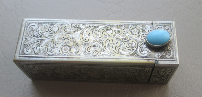 Vintage Lipstick Case ~ Baby Blue Stone ~ Flip Mirror ~ Italy ~ Sterling ???