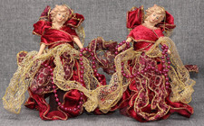 PAIR Angel Ornaments / Tree Toppers, Red Velvet Gold Trim Faux Pearls 8