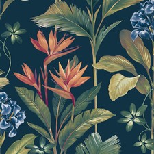 Image of Oliana Tropical Floral Wallpaper Palm Leaves Flowers Navy Blue Green Belgravia