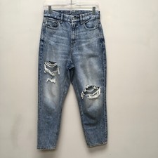 American Eagle Outfitters Blue Curvy Cotton Distressed Straight Mom Jeans 4