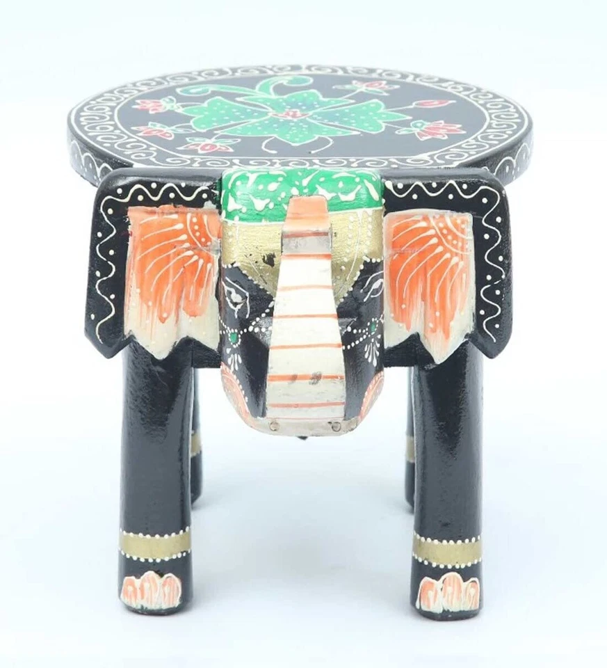  Wooden Decorative Rajastani Hand Painted Elephant Stool For Home Decor - Image 2 of 4